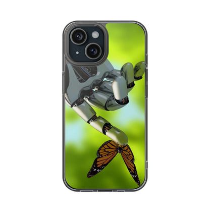 Clear Cases for iPhone 14 Series with Robotic hand and Butterfly.
