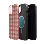 Prairie Gingham MagSafe Phone Case, glossy diagonal dual-camera model, exploded shell and liner with magnetic ring