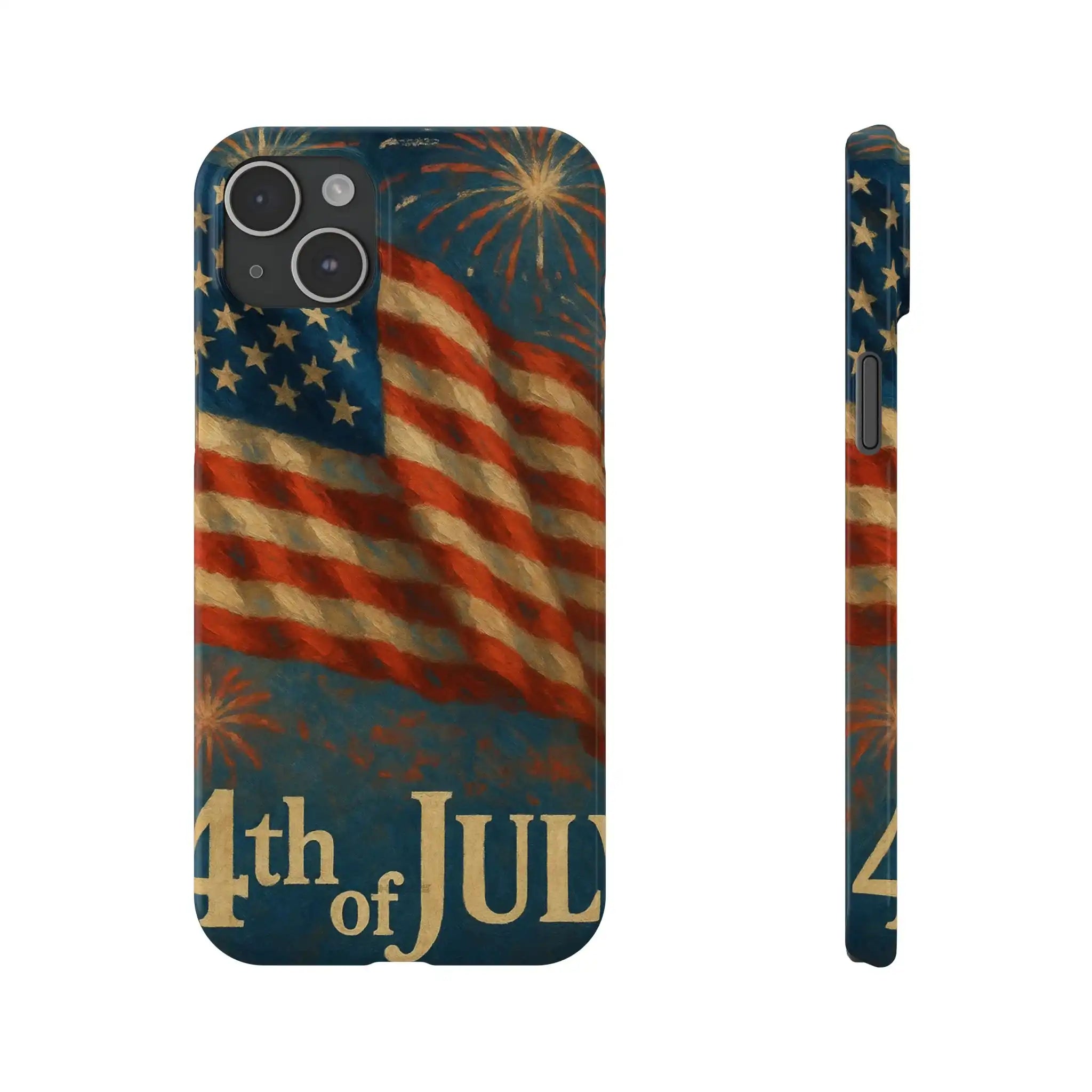 4th of July patriotic iPhone case with American flag and fireworks design, front and side views