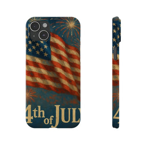 4th of July patriotic iPhone case with American flag and fireworks design, front and side views