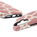 Rose Cowprint – Pink Cow Print MagSafe Phone Case, glossy vertical dual-camera model, port openings and edge details