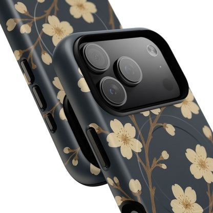 Navy Cherry Blossom Floral iPhone Case - Compatible with MagSafe