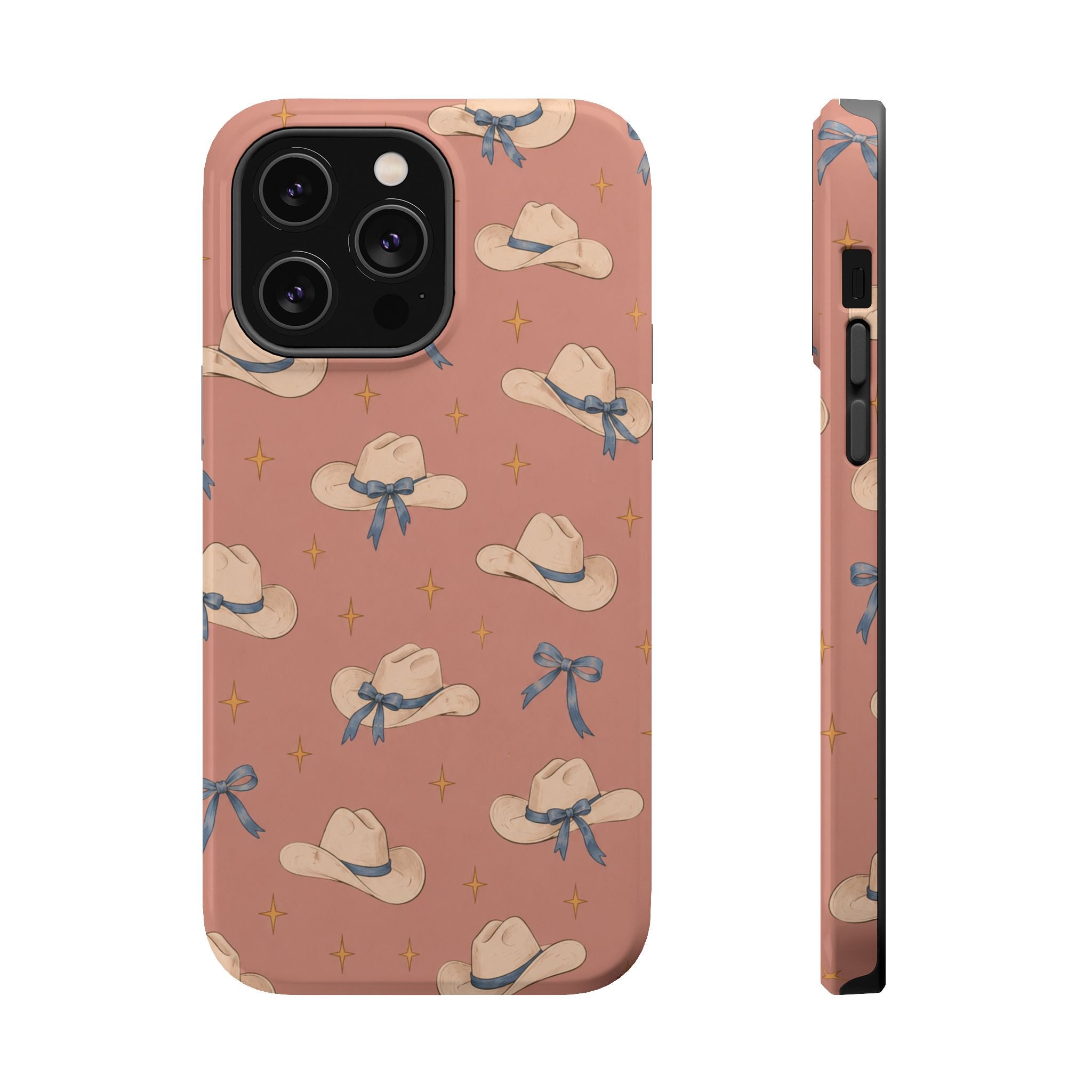 Ribbon Rodeo – Cowgirl Hat and Bow MagSafe Phone Case, Pink, glossy iPhone 14 Pro Max, rear and side profile