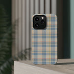 Ranch Check – Blue and Cream Plaid MagSafe Phone Case, glossy square triple-camera Pro model, rear view on a tabletop