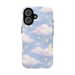 iPhone case with dreamy cloud, star, and crescent moon design, variant size shown
