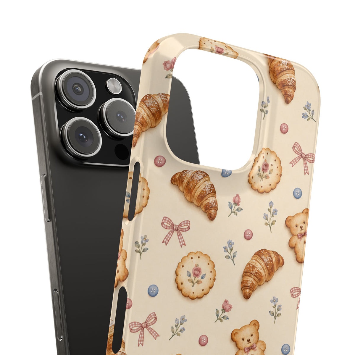 Slanke iPhone-hoes — knus bak- en teddybeerpatroon (recept, hert, knopen)