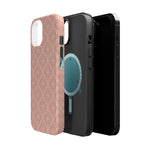 Meadow Lace – Blush Pink Lace Pattern MagSafe Phone Case, glossy diagonal dual-camera model, exploded shell and liner with magnetic ring