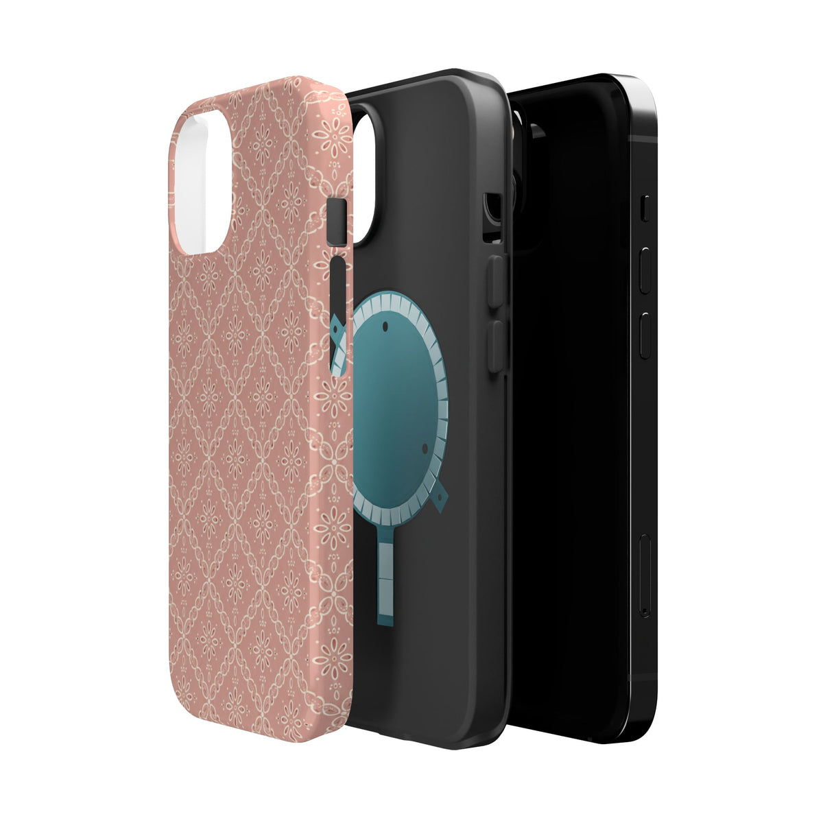Meadow Lace – Blush Pink Lace Pattern MagSafe Phone Case, glossy diagonal dual-camera model, exploded shell and liner with magnetic ring