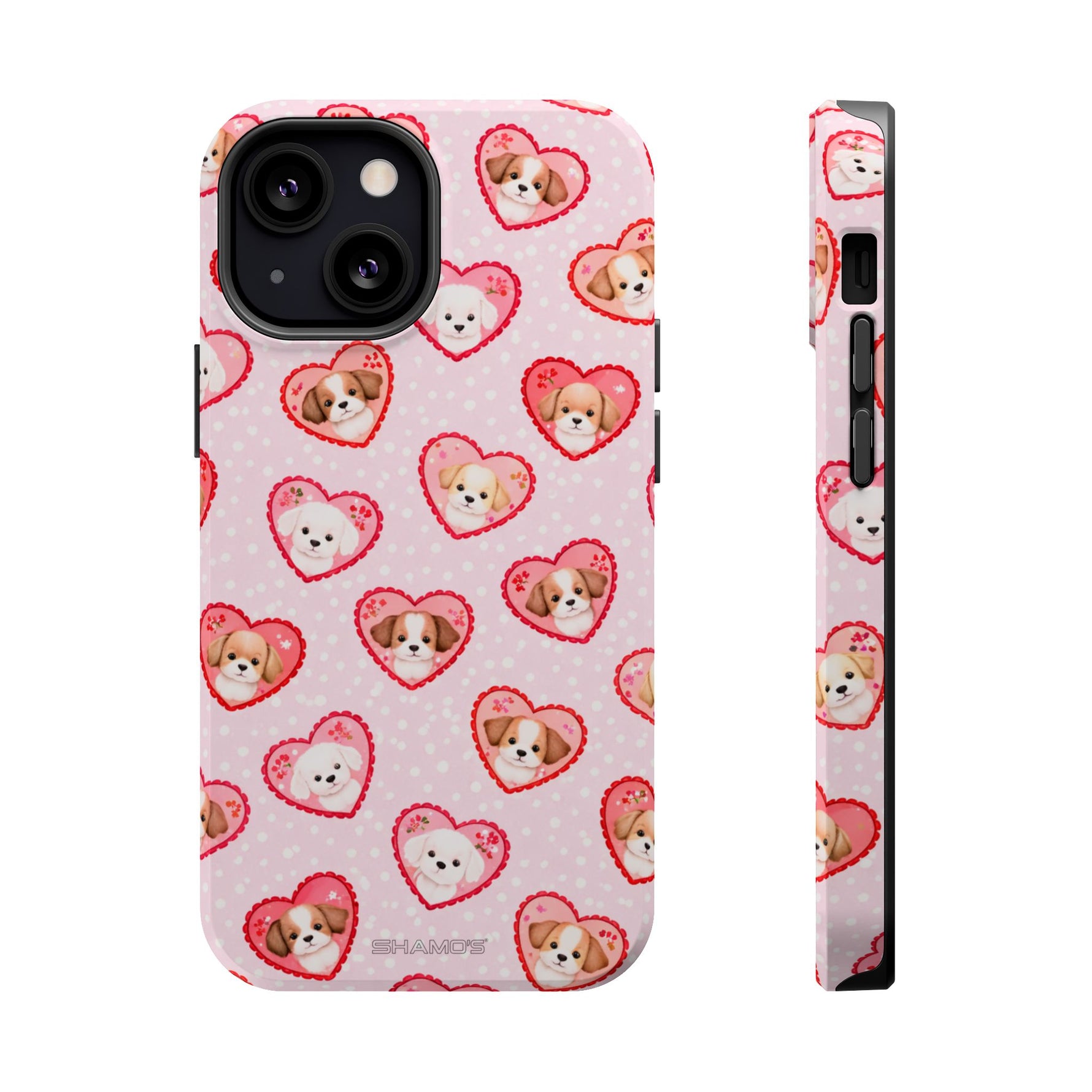 Pink Puppy Heart Pattern MagSafe Impact-Resistant iPhone Case, Valentine Phone Cover