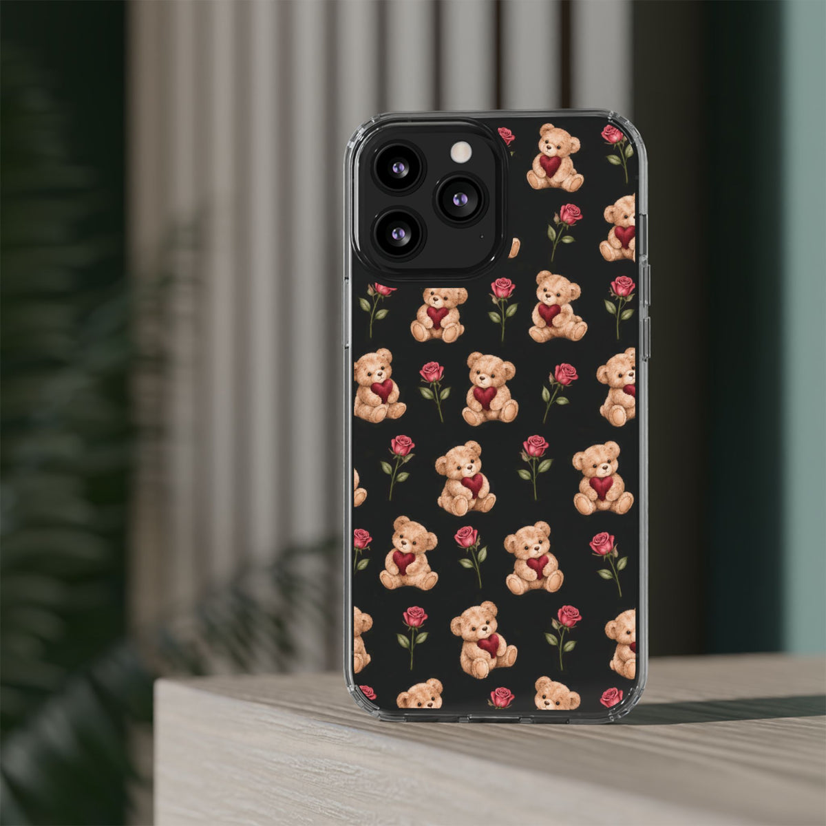 Romantic Teddy Bear Impact-Resistant Phone Case with Heart Design