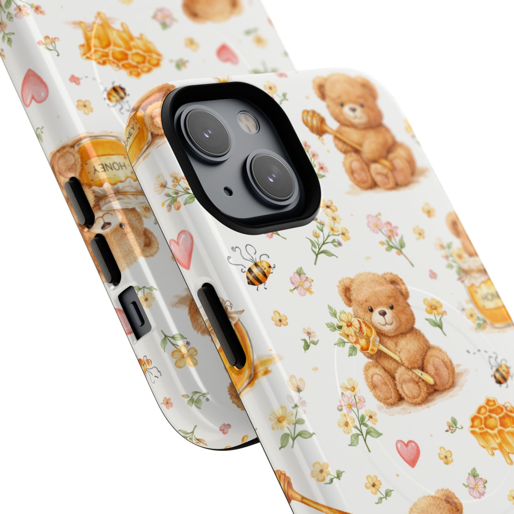 Honey Teddy Bear iPhone Case — Yellow Bee & Honey Pot Design with MagSafe