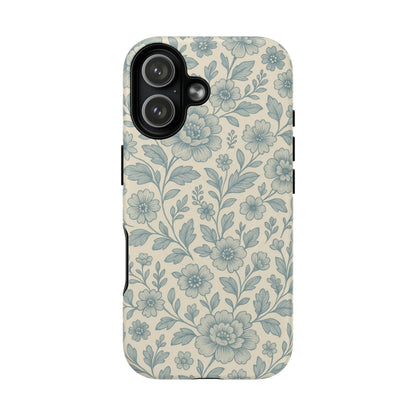 Vintage Blue Floral Tough Case for iPhone - Compatible with MagSafe
