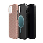 Meadow Lace – Blush Pink Lace Pattern MagSafe Phone Case, glossy diagonal dual-camera model, exploded shell and liner with magnetic ring