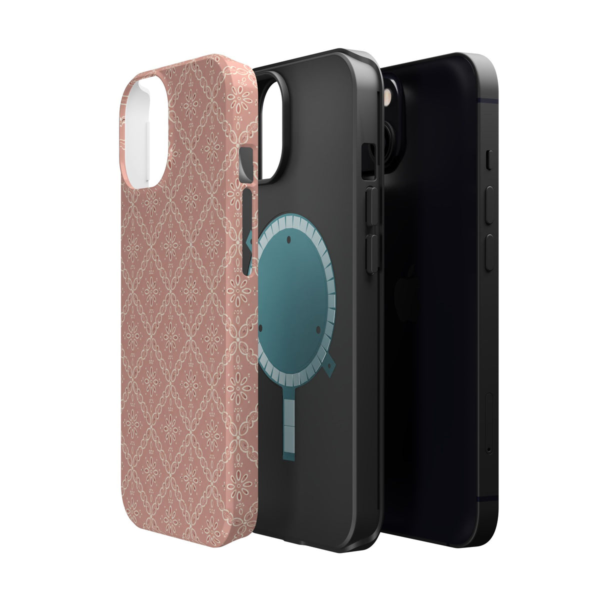 Meadow Lace – Blush Pink Lace Pattern MagSafe Phone Case, glossy diagonal dual-camera model, exploded shell and liner with magnetic ring