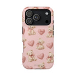Pink Teddy Hearts Love iPhone Case, Impact-Resistant MagSafe Compatible