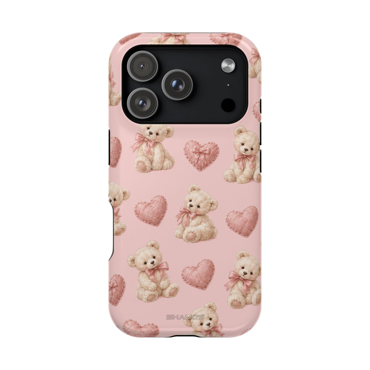 Pink Teddy Hearts Love iPhone Case, Impact-Resistant MagSafe Compatible