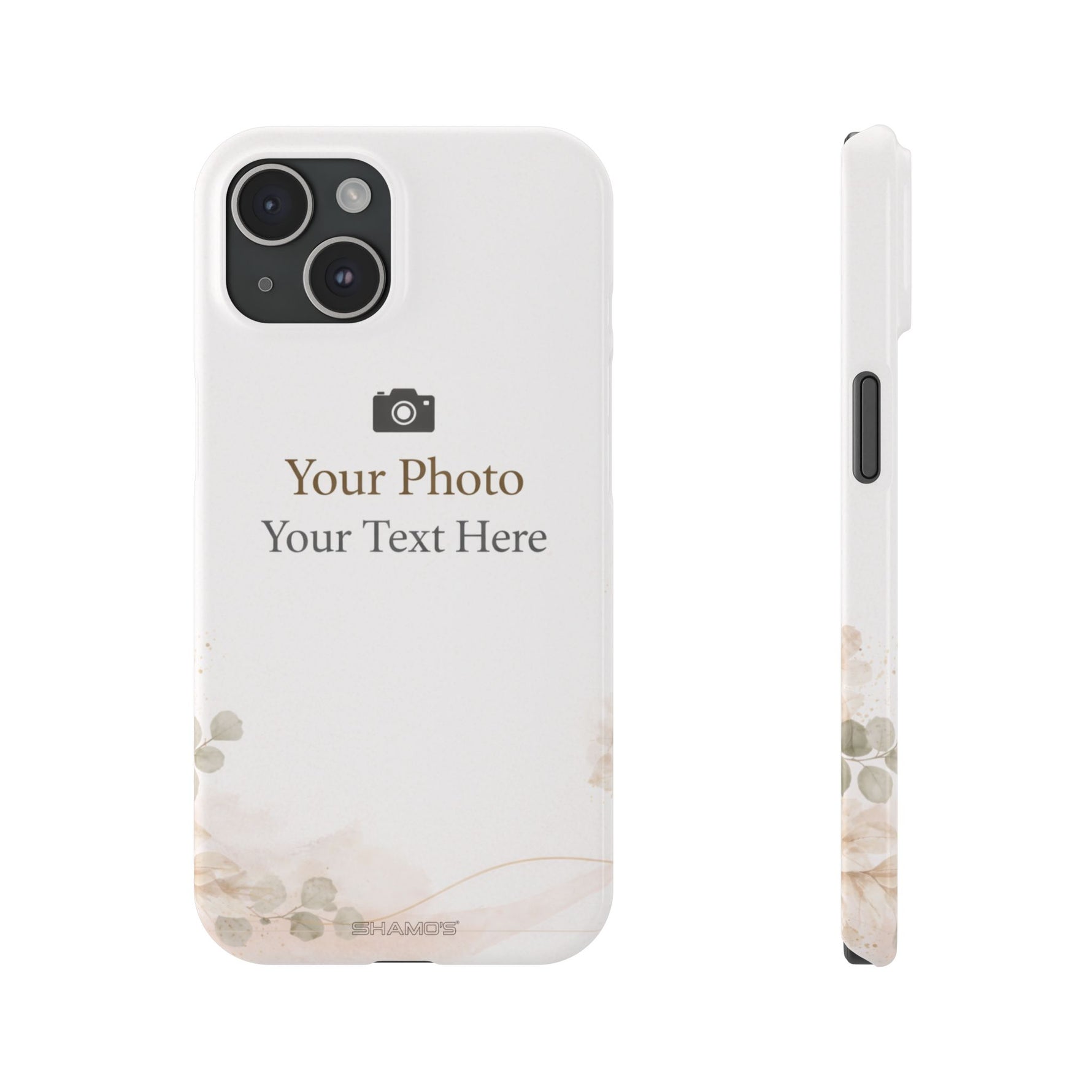 Personalized Slim Phone Case, Custom Photo & Text Minimal Floral Design - iPhone 15 - Shamo's
