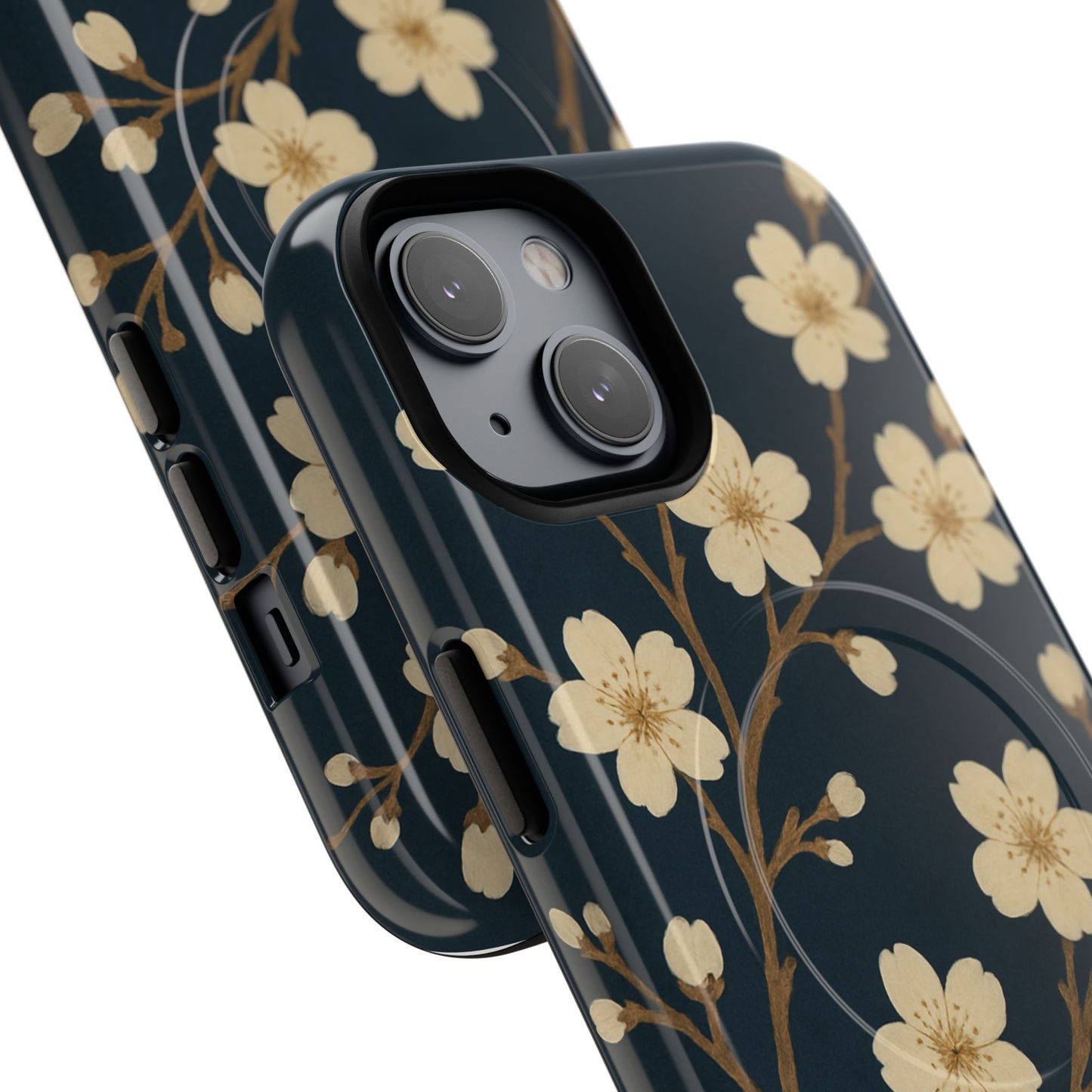 Navy Cherry Blossom Floral iPhone Case - Compatible with MagSafe