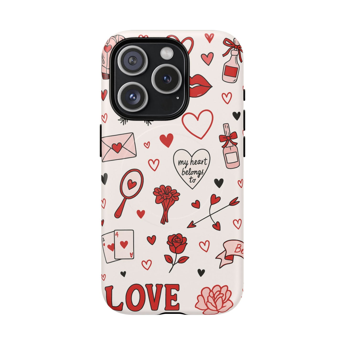 Romantic Love Doodle Tough iPhone Case ("LOVE", hearts, roses) (MagSafe compatible)
