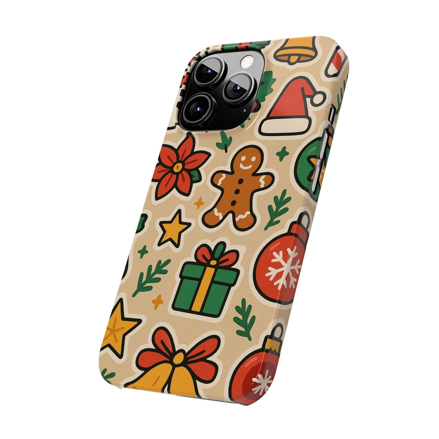Holiday Pattern Slim iPhone Case — Gingerbread, Santa Hat & Gifts Holiday Design