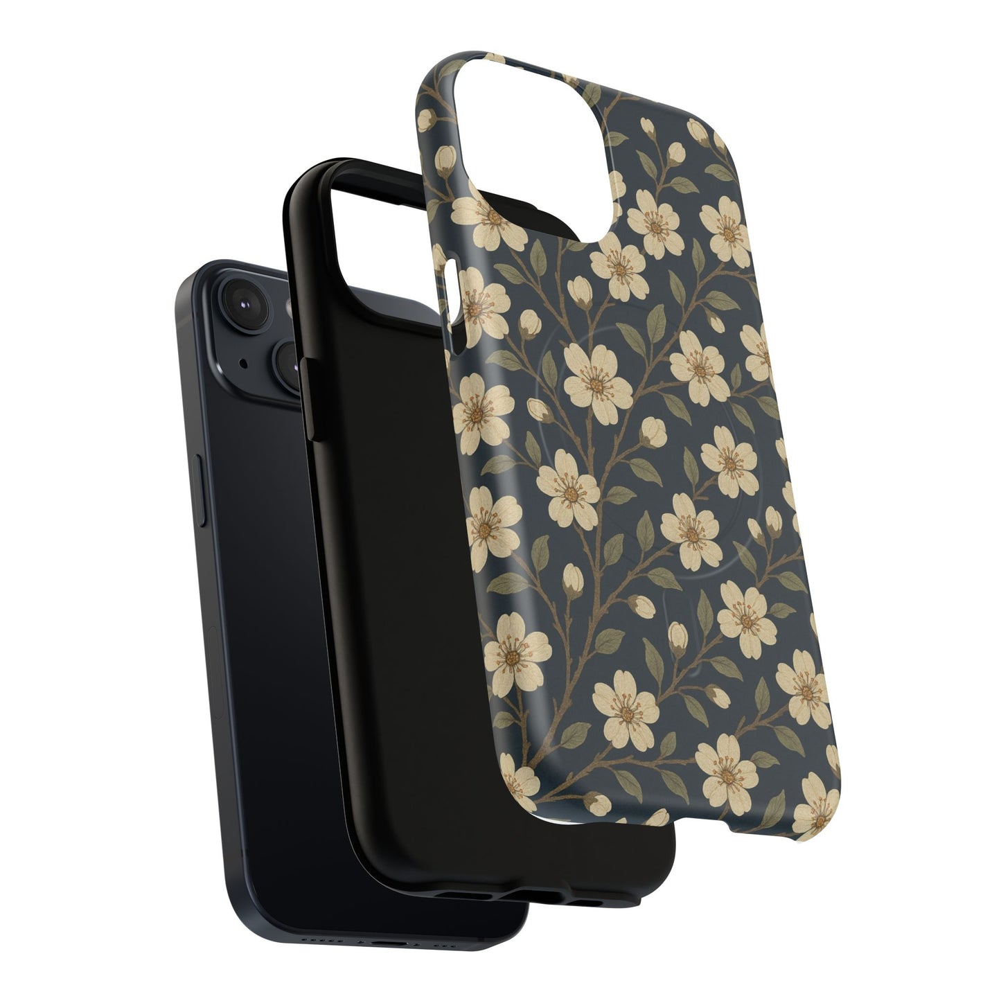 Navy Cherry Blossom Floral iPhone Case - Compatible with MagSafe