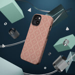 Meadow Lace – Blush Pink Lace Pattern MagSafe Phone Case, glossy diagonal dual-camera model, rear view with magnetic accessories