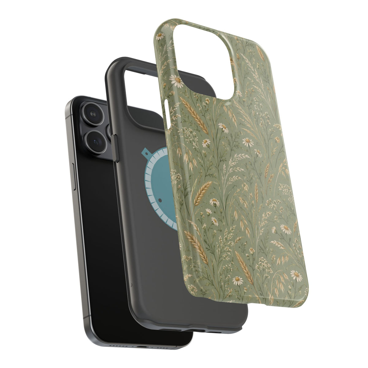 Golden Meadow – Sage Green Wildflower MagSafe Phone Case, glossy square triple-camera Pro model, exploded shell and liner with magnetic ring