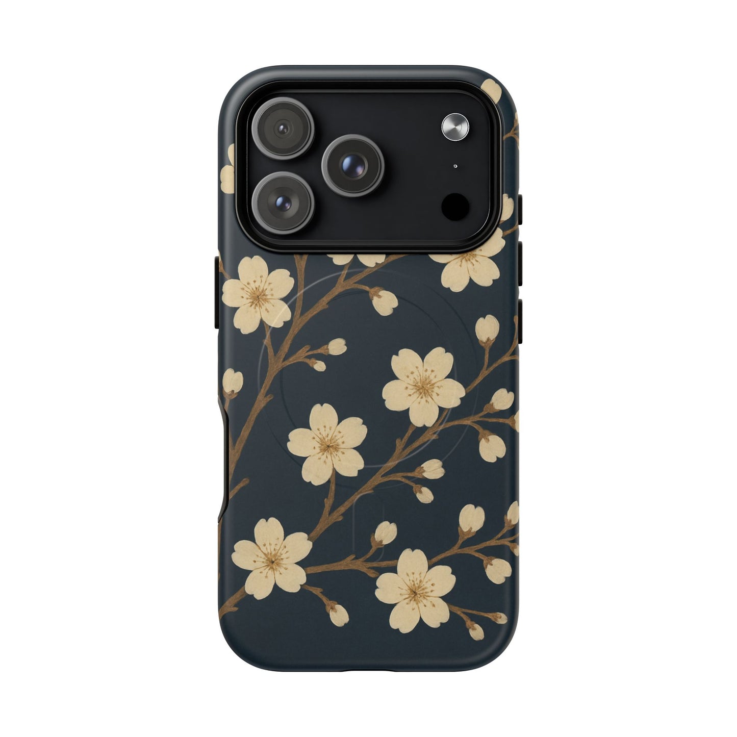 Navy Cherry Blossom Floral iPhone Case - Compatible with MagSafe