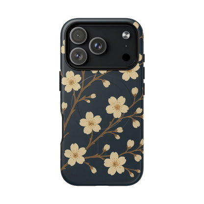 Navy Cherry Blossom Floral iPhone Case - Compatible with MagSafe