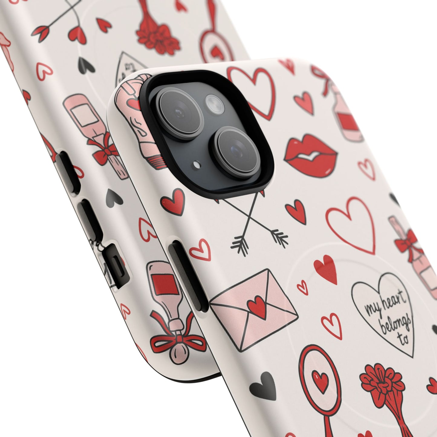 Romantic Love Doodle Tough iPhone Case ("LOVE", hearts, roses) (MagSafe compatible)
