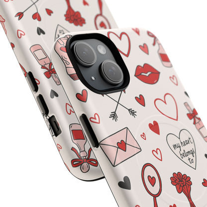 Romantic Love Doodle Tough iPhone Case ("LOVE", hearts, roses) (MagSafe compatible)