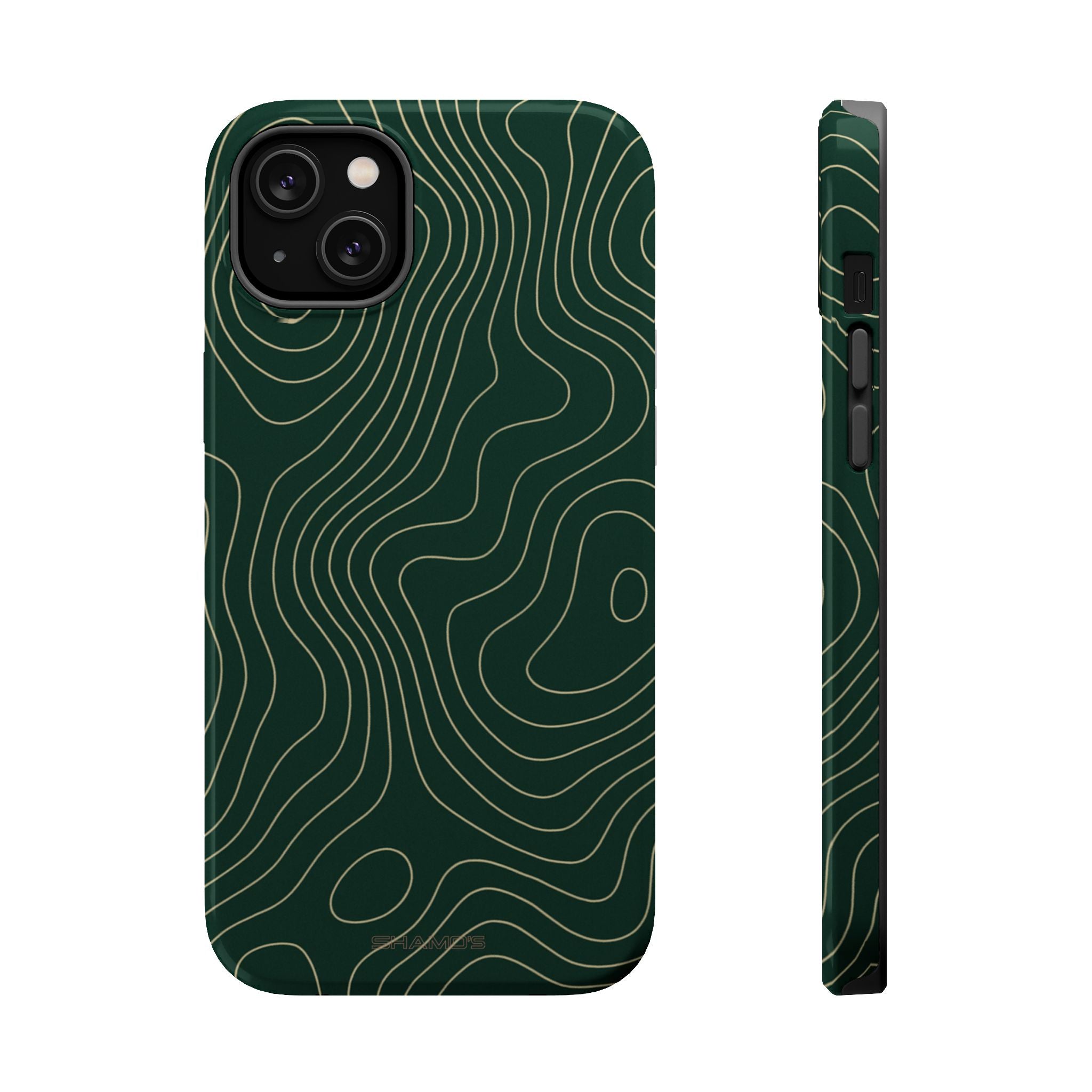 Dark green phone case with fine pale green topographic contour lines