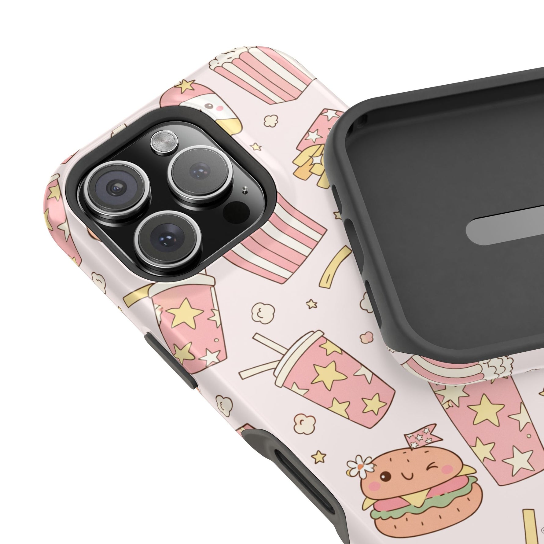 Kawaii Snack Pattern Magnetic Phone Case, Cute Popcorn, Burger & Soda Design with MagSafe Compatibility