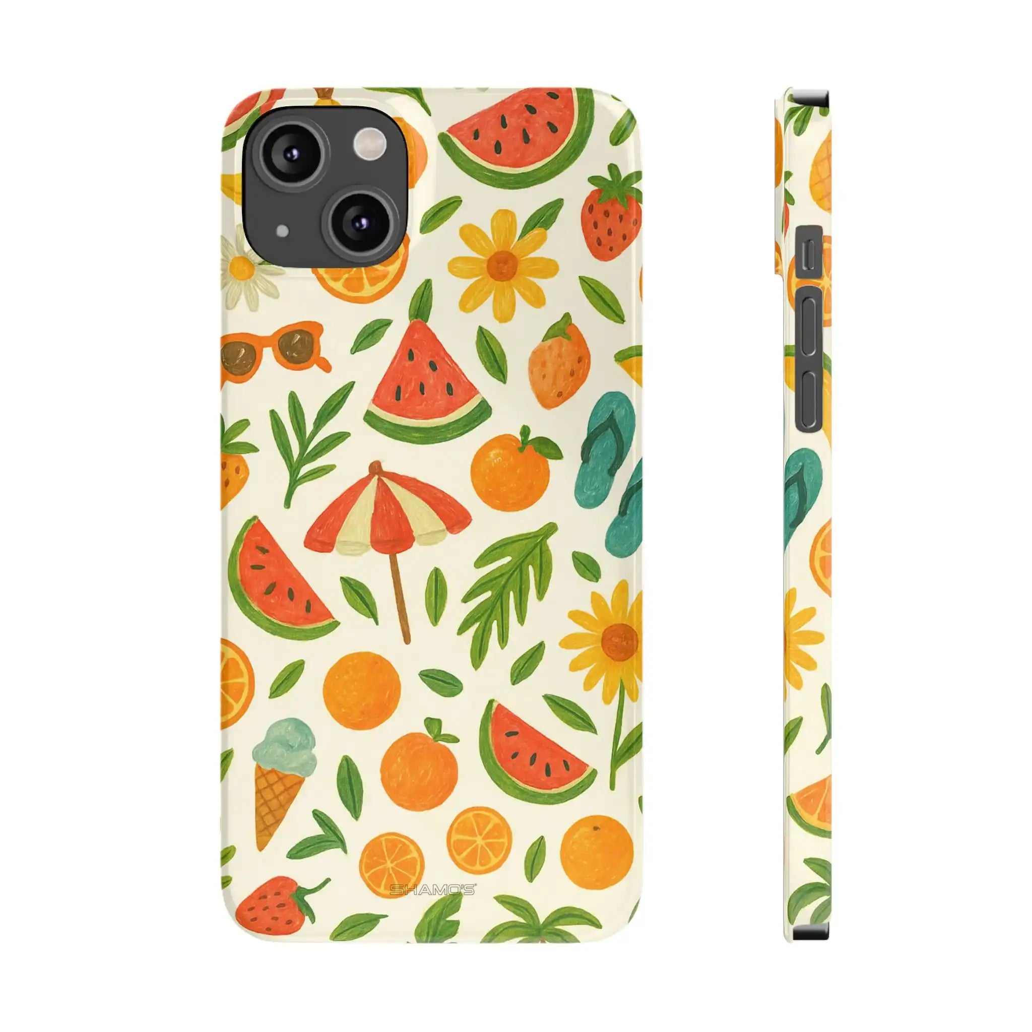 Summer Fruit Slim Phone Case — Tropical Lemon & Strawberry Design - iPhone 14 Plus - Shamo's