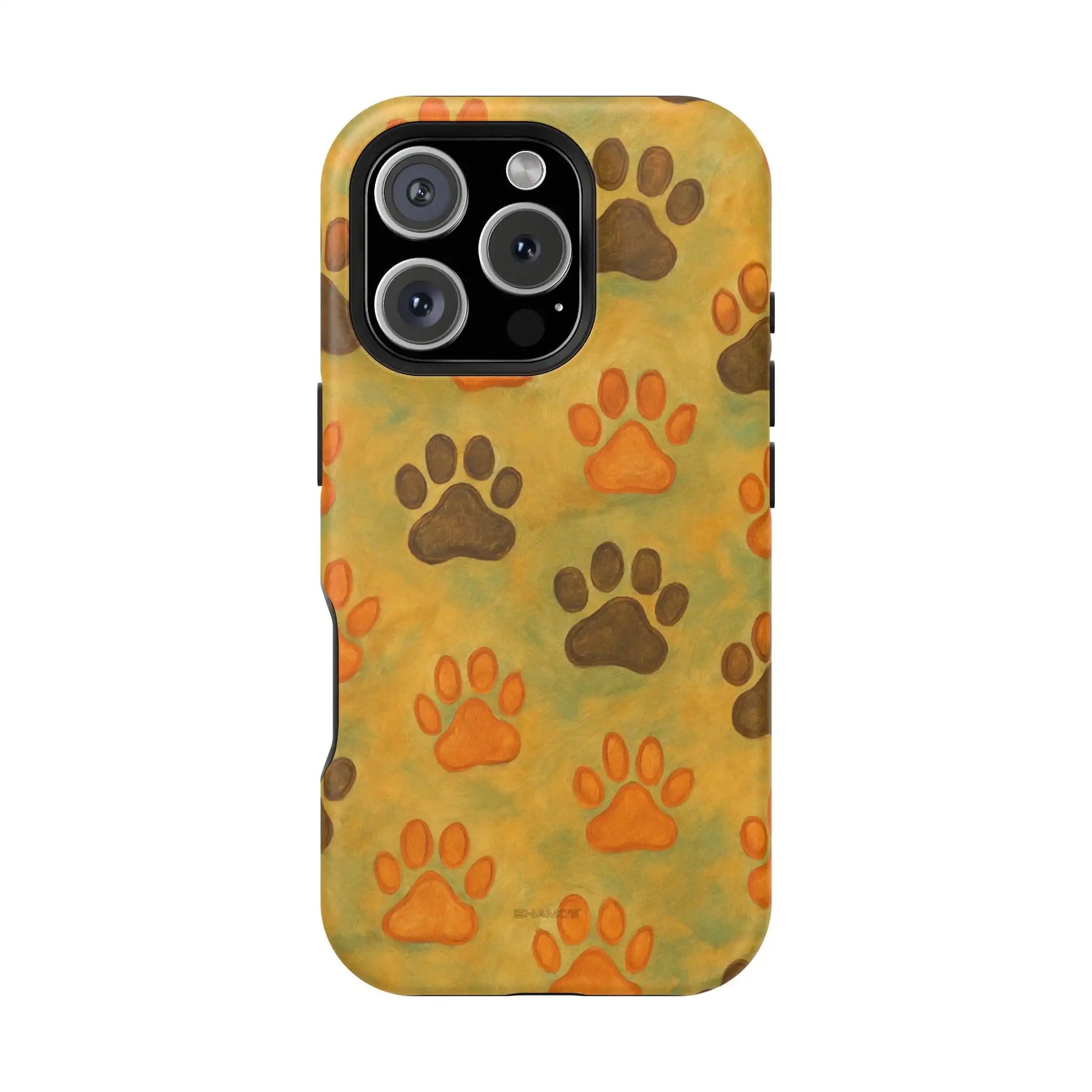 iPhone case in two sizes with brown and orange paw print pattern on yellow background