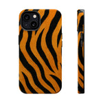 Tiger print phone case shown in front and side variant sizes with black and orange stripes