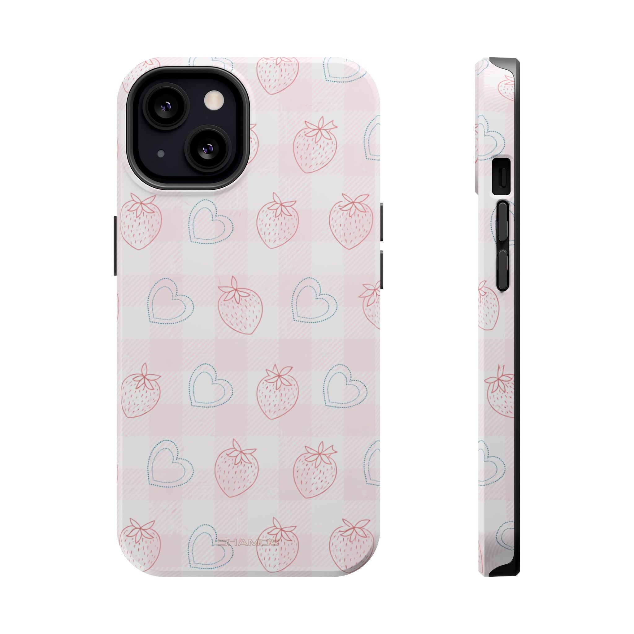 Strawberry Hearts MagSafe Compatible Phone Case | 'Paint it your way' Pink Plaid Impact-Resistant - iPhone 13 / Glossy - Shamo's