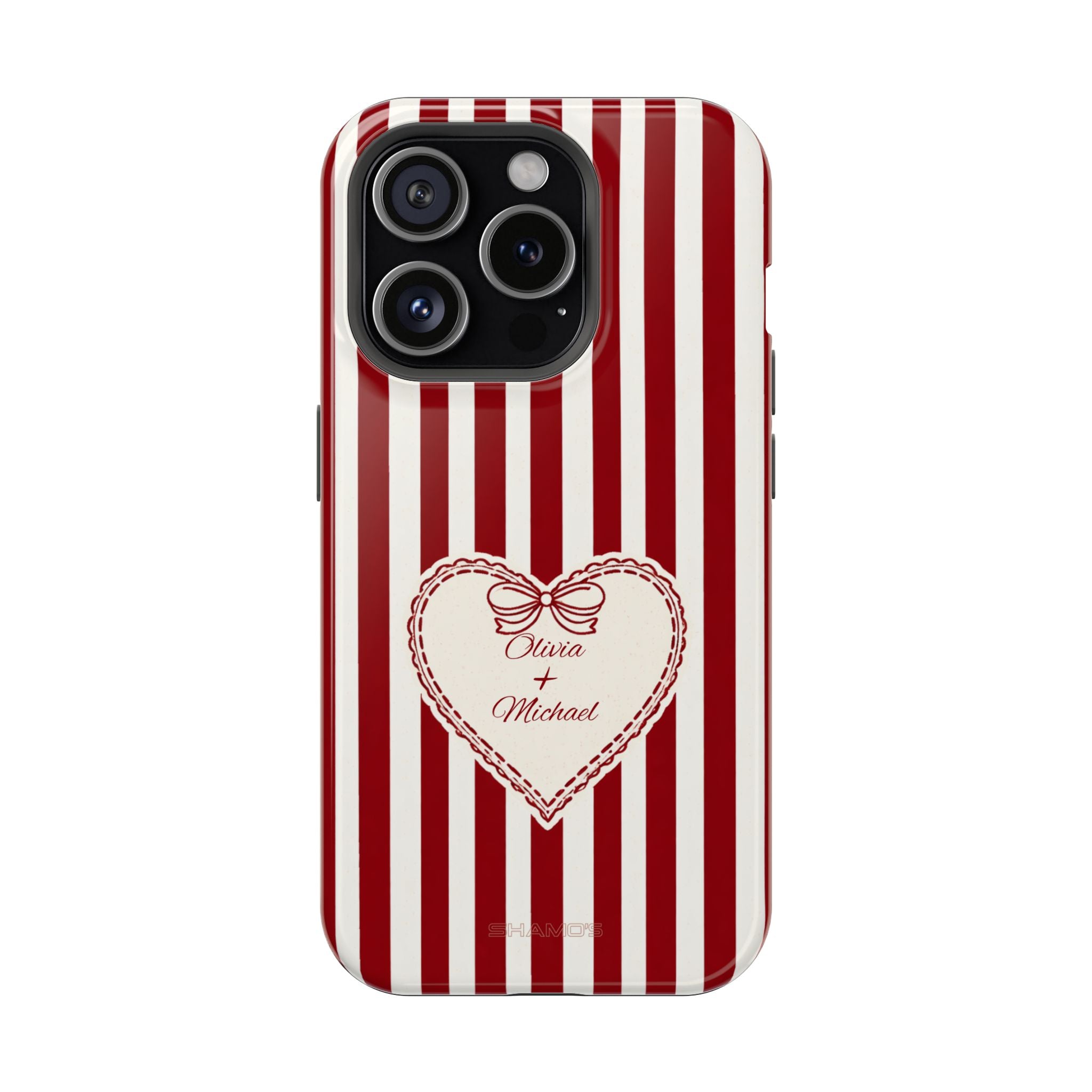 Phone case with red and white vertical stripes and a cream heart with a bow and names