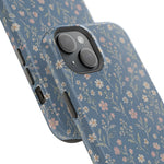 Denim Wildflowers MagSafe Phone Case, glossy diagonal dual-camera model, camera and side-button close-up