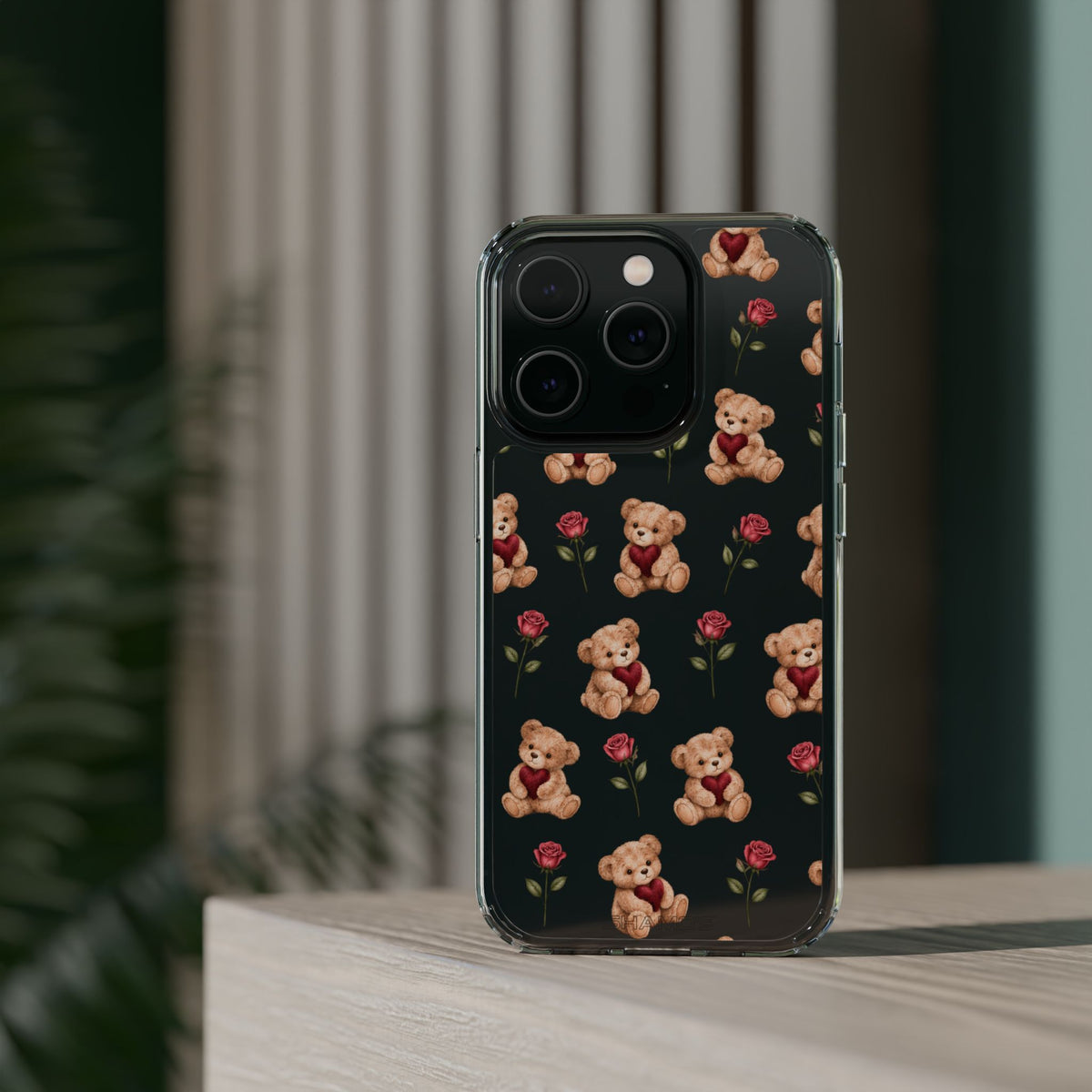 Romantic Teddy Bear Impact-Resistant Phone Case with Heart Design