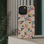 Prairie Quilt – Pastel Patchwork Pattern MagSafe Phone Case, glossy square triple-camera Pro model, rear view on a tabletop