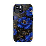 Phone case with large variant size blue flowers and golden leaves on black background