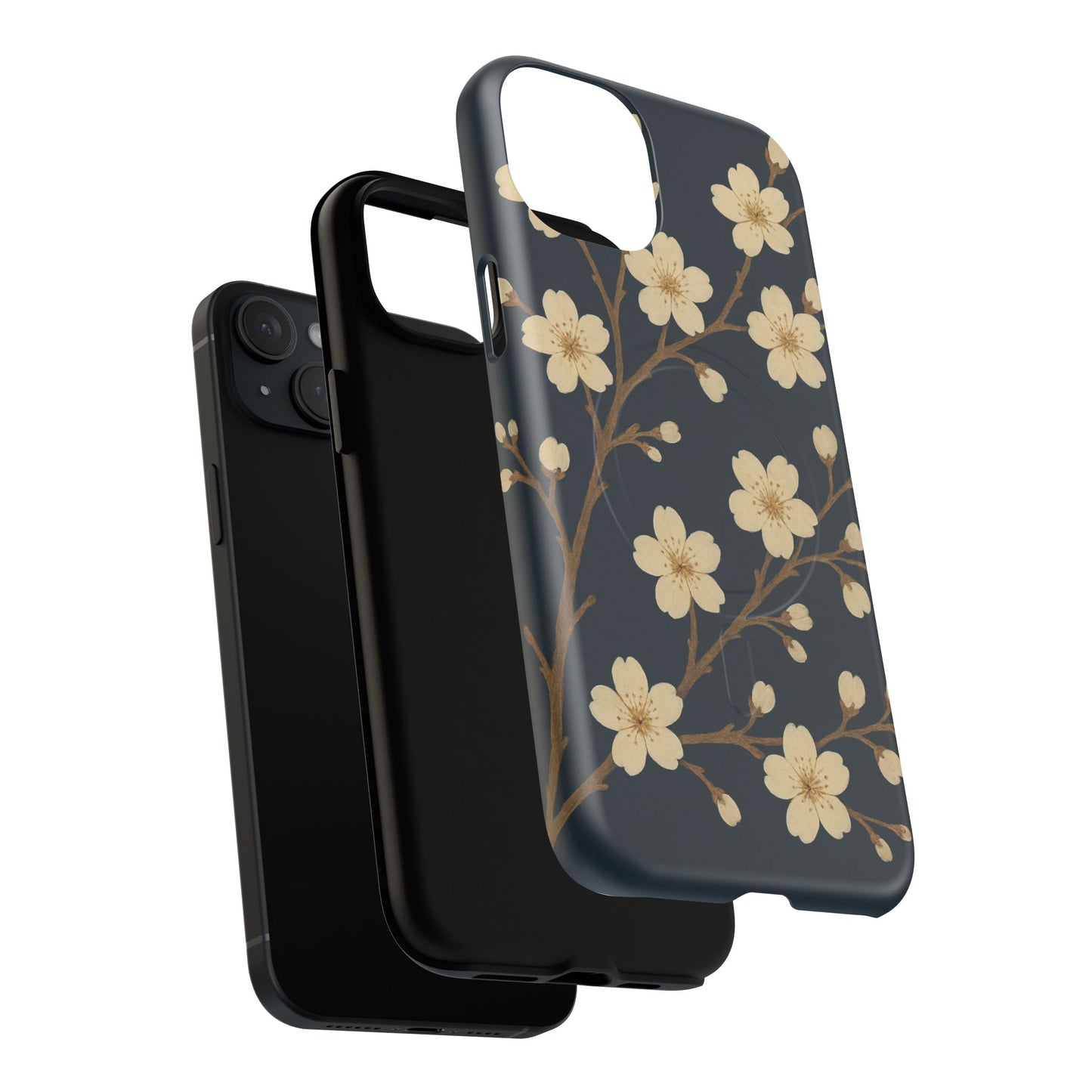 Navy Cherry Blossom Floral iPhone Case - Compatible with MagSafe