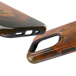 Wood grain texture phone case in two variant sizes with precise cutouts and button covers