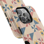 Prairie Quilt – Pastel Patchwork Pattern MagSafe Phone Case, glossy square triple-camera Pro model, camera and side-button close-up