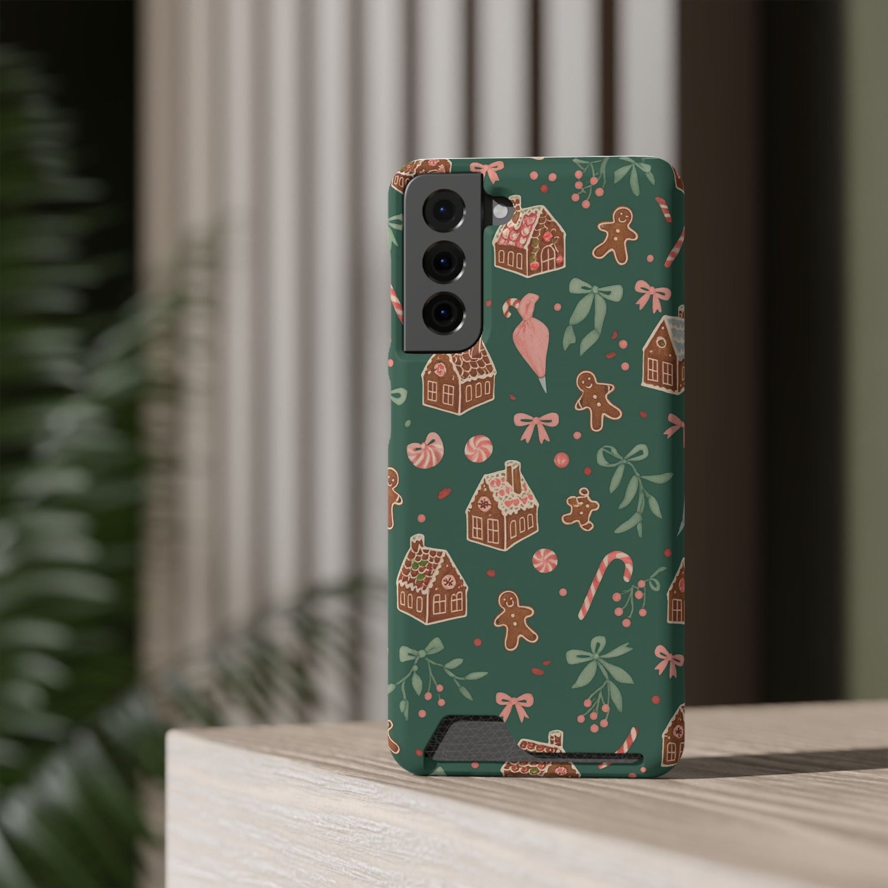 Holiday Gingerbread Phone Case with Card Holder — Festive Green Candy Cane Design  Shamo's