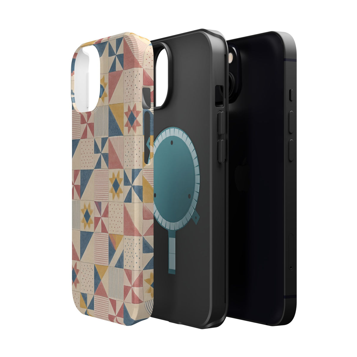 Prairie Quilt – Pastel Patchwork Pattern MagSafe Phone Case, glossy diagonal dual-camera model, exploded shell and liner with magnetic ring