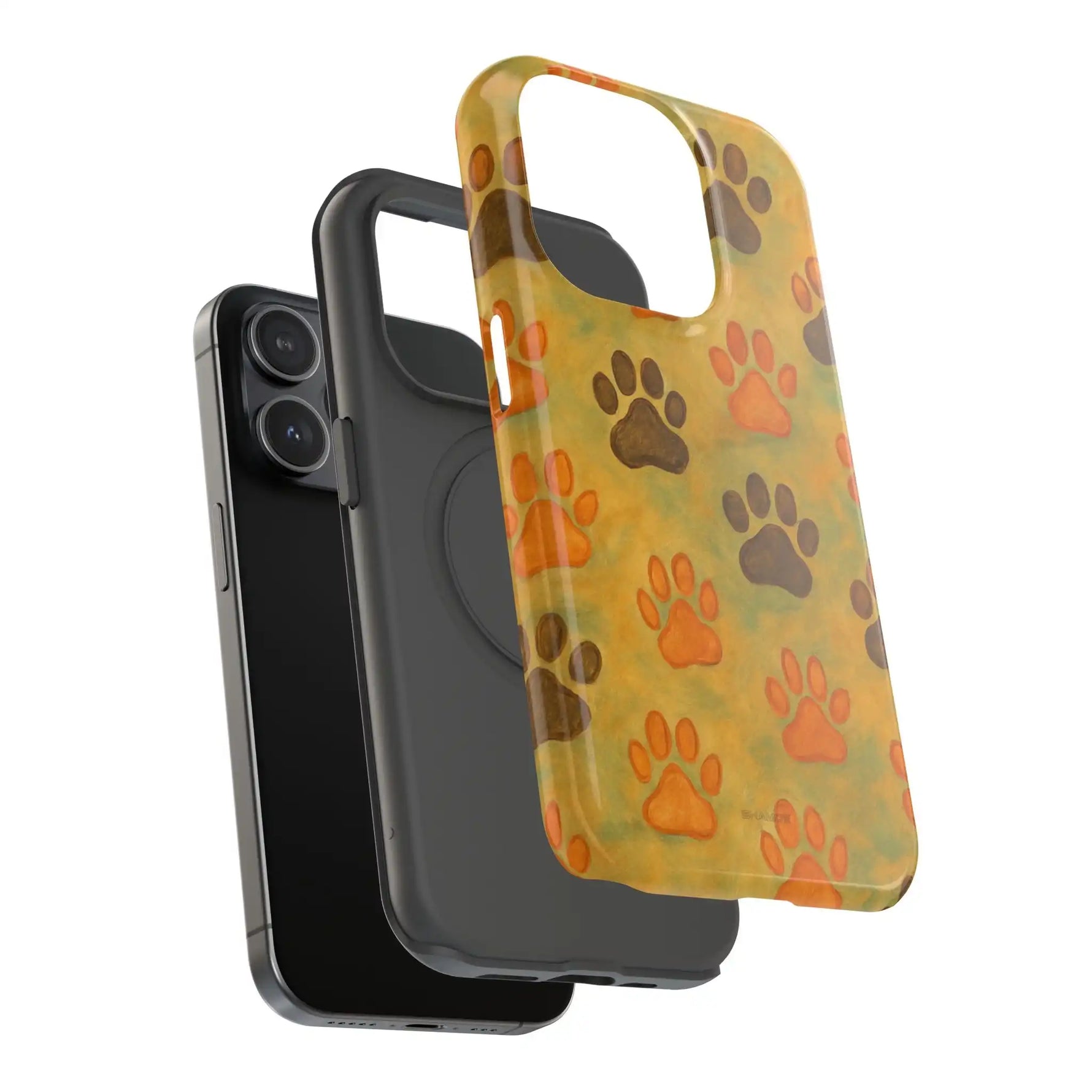 iPhone 13 with two phone case variants, one black and one yellow with orange and brown paw prints