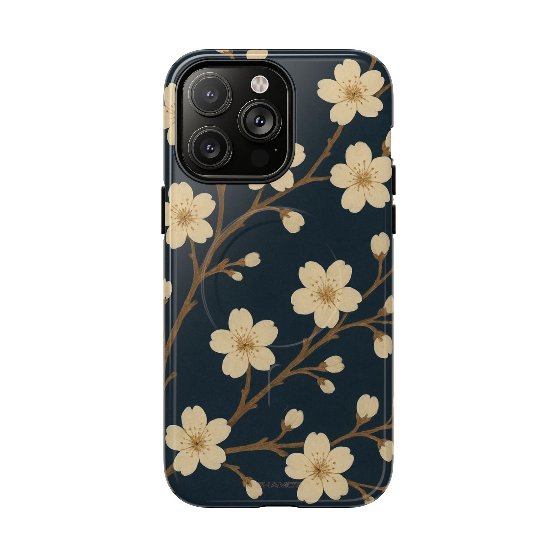 Navy Cherry Blossom Floral iPhone Case - Compatible with MagSafe