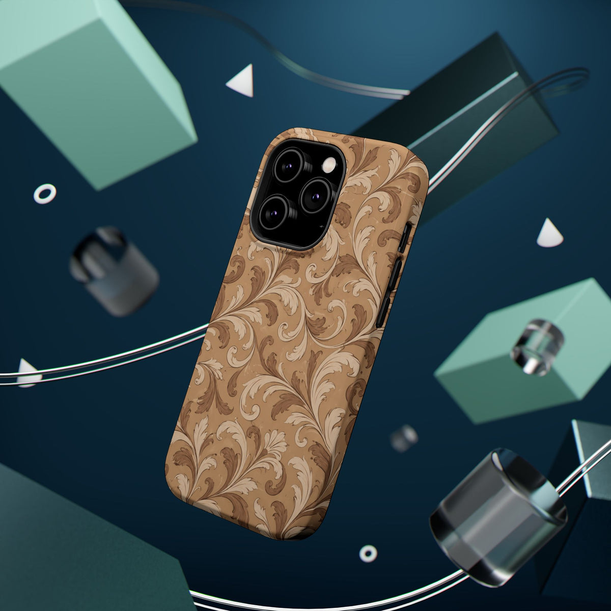 Saddle Scrolls – Tan Western Scrollwork MagSafe Phone Case, glossy square triple-camera Pro model, rear view with magnetic accessories